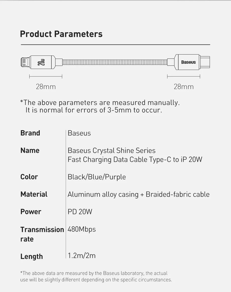 Cabo Baseus USB-C PD 20W para iPhone 14, 13, 12 — Liga de Alumínio 1.2m/2m