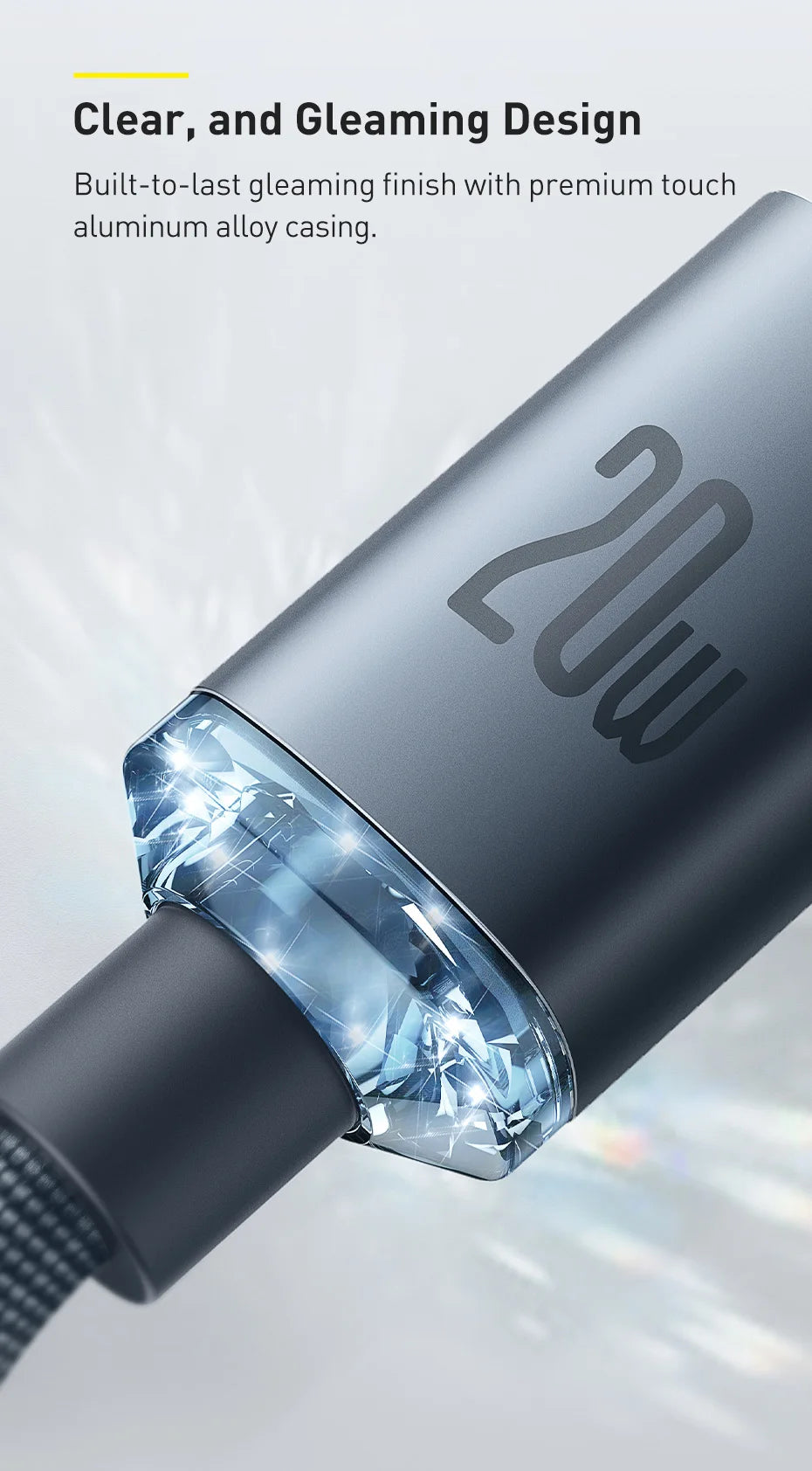 Cabo Baseus USB-C PD 20W para iPhone 14, 13, 12 — Liga de Alumínio 1.2m/2m