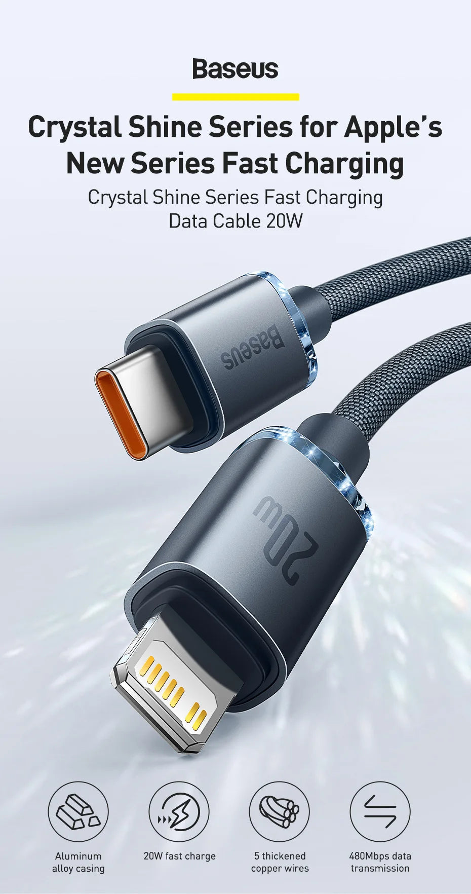Cabo Baseus USB-C PD 20W para iPhone 14, 13, 12 — Liga de Alumínio 1.2m/2m