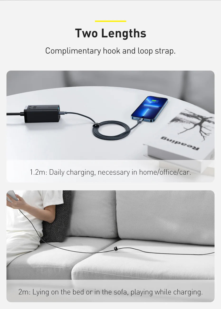 Cabo Baseus USB-C PD 20W para iPhone 14, 13, 12 — Liga de Alumínio 1.2m/2m