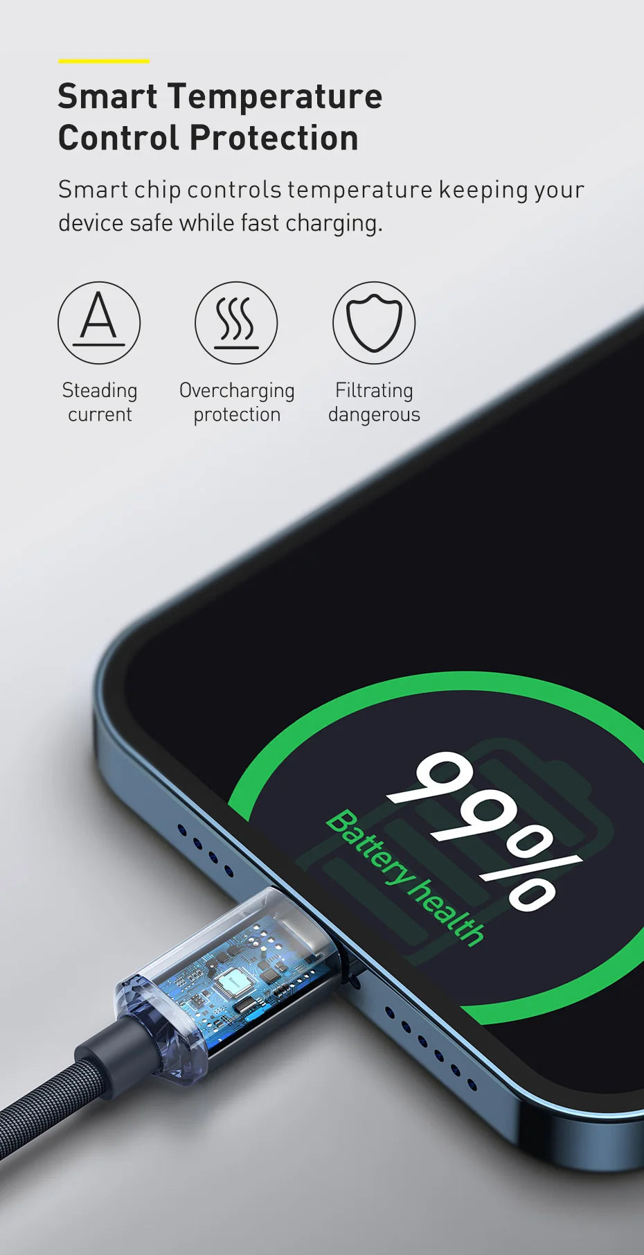 Cabo Baseus USB-C PD 20W para iPhone 14, 13, 12 — Liga de Alumínio 1.2m/2m