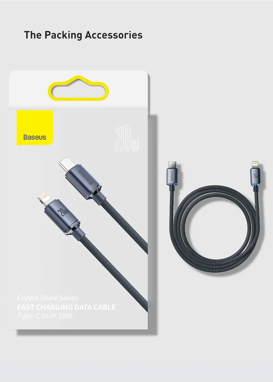 Cabo Baseus USB-C PD 20W para iPhone 14, 13, 12 — Liga de Alumínio 1.2m/2m