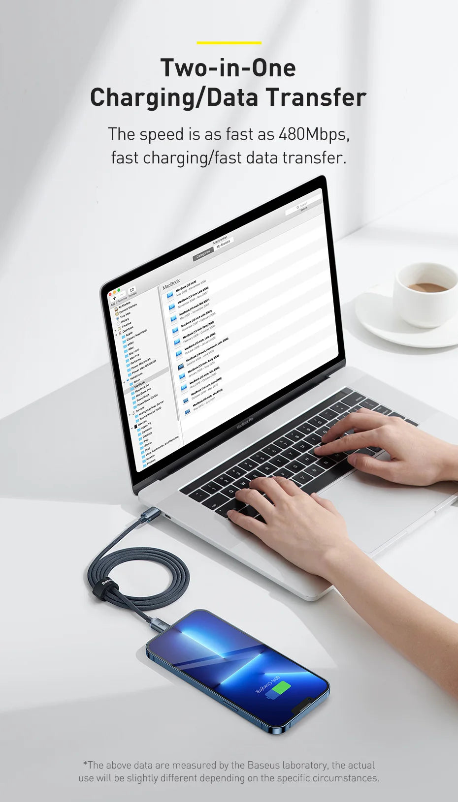 Cabo Baseus USB-C PD 20W para iPhone 14, 13, 12 — Liga de Alumínio 1.2m/2m