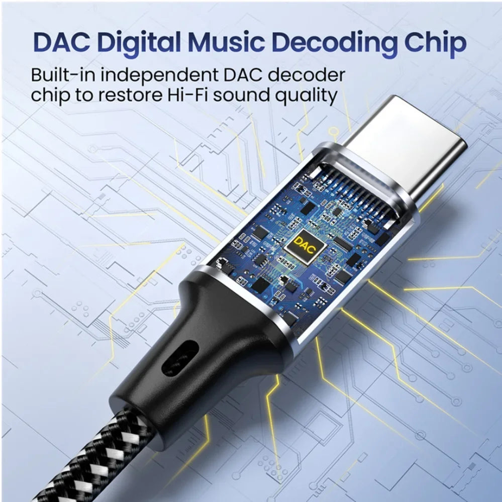 Cabo Adaptador USB-C para Jack 3.5mm DAC — Áudio HiFi Estéreo 1m/1.5m/2m