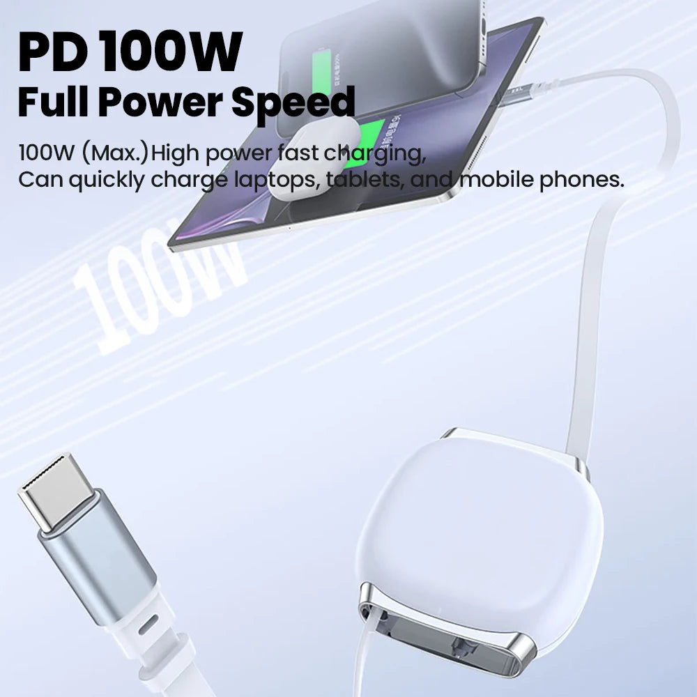 Cabo USB-C Retrátil 100W para iPhone 17, 16 e MacBook — Compacto e Prático