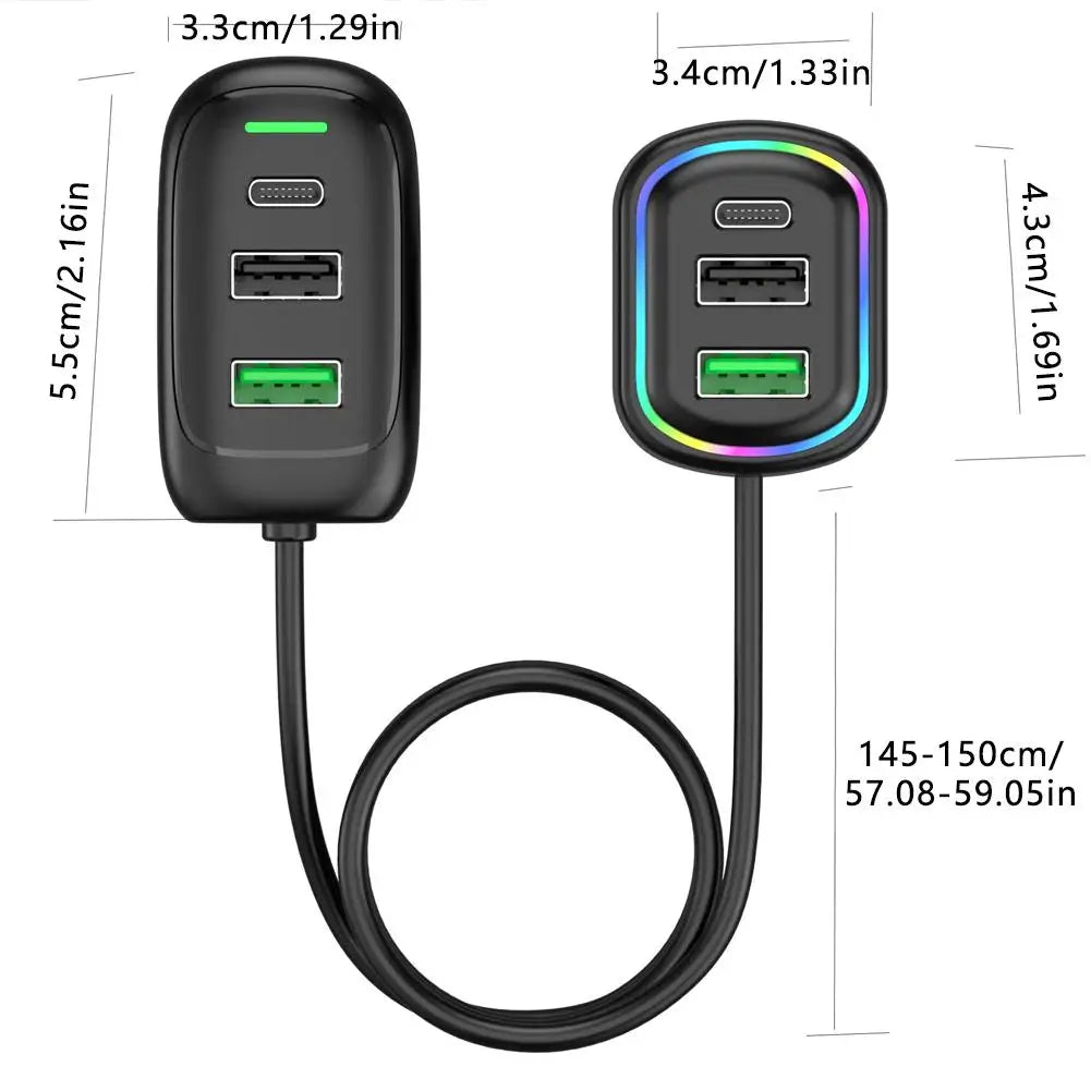 Carregador de Carro Multiportas PD com Cabo — Carregamento Super Rápido