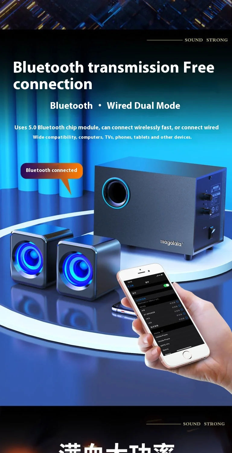 Coluna Bluetooth para Computador em Madeira — Subwoofer 3D Surround, Alto Volume e Gaming