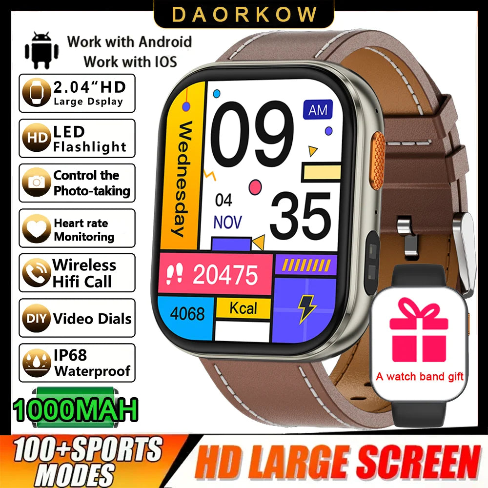Smartwatch 2026 AMOLED 2.04'' — 1000mAh, 100+ Modos Desportivos, Chamadas Bluetooth e 3ATM