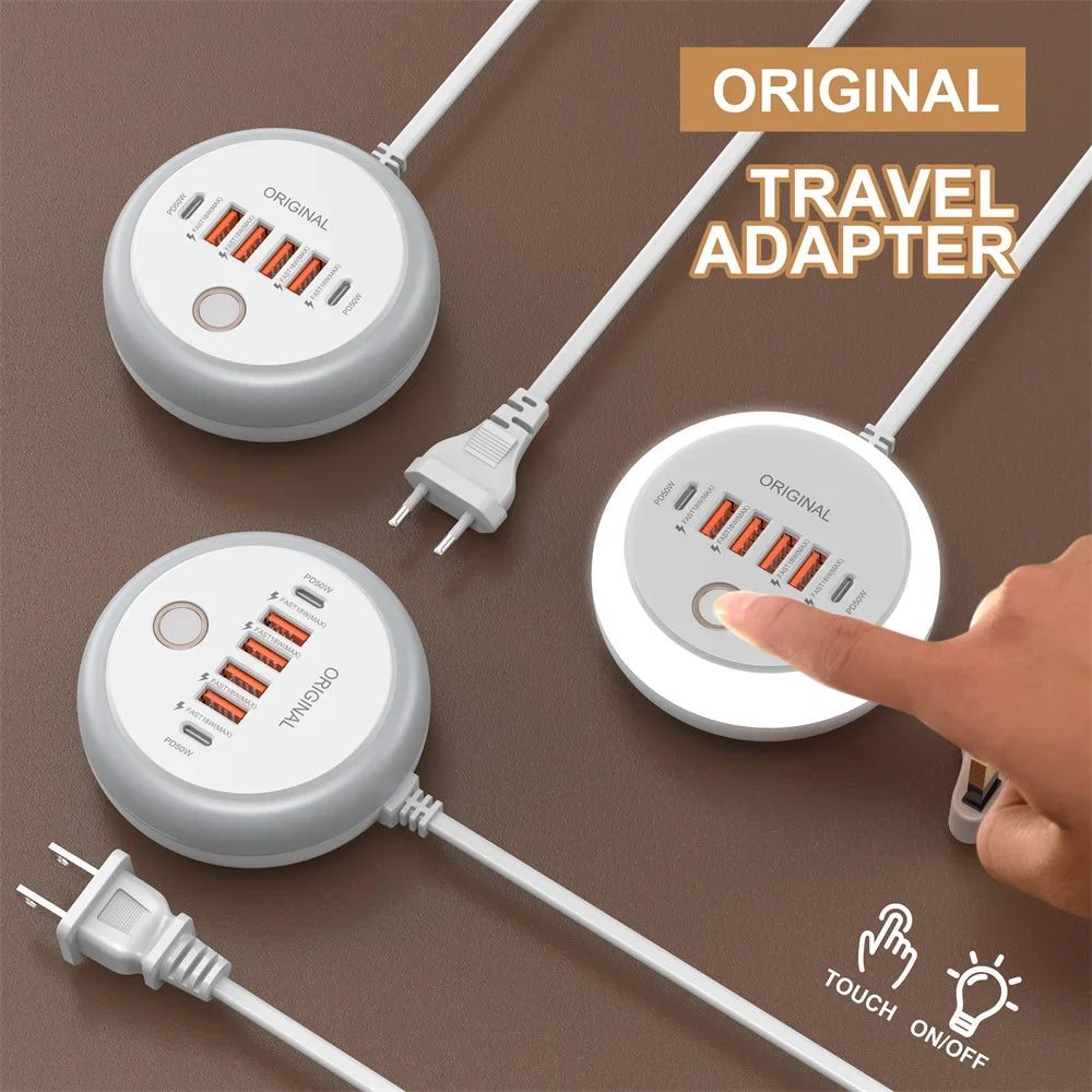 Régua de Tomadas 50W com 4 USB-A + 2 USB-C e Luz Noturna