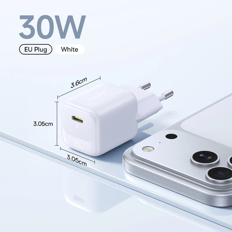 Carregador Baseus GaN 30W PD para iPhone 12-17 e Tablets
