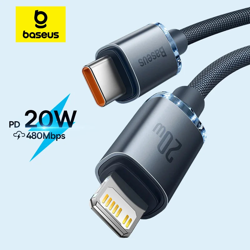 Cabo Baseus USB-C PD 20W para iPhone 14, 13, 12 — Liga de Alumínio 1.2m/2m