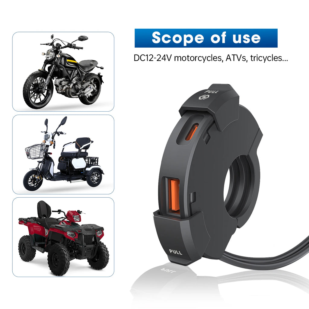 Carregador USB para Mota 48W QC3.0 Impermeável com Suporte de Guiador
