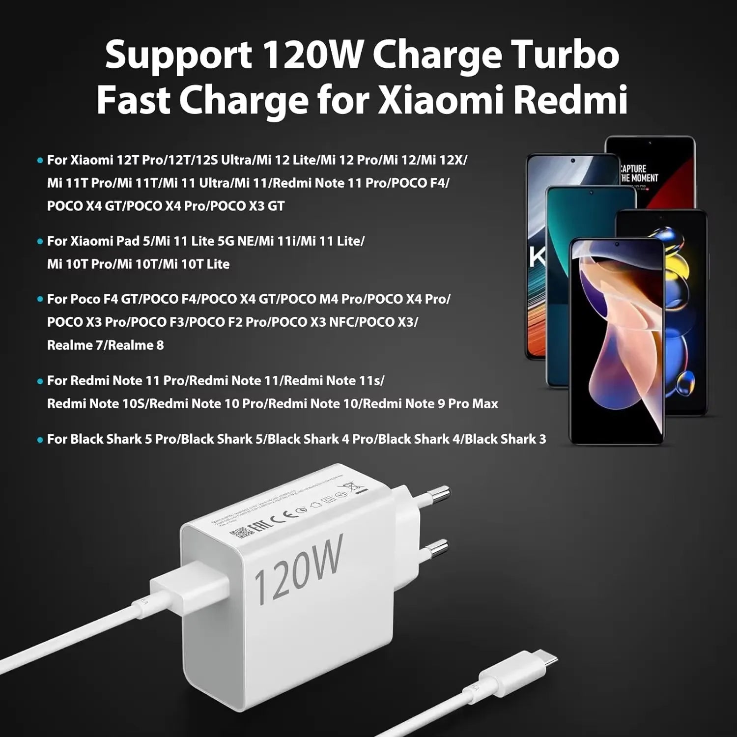 Carregador 120W Turbo para Xiaomi, Redmi e Poco com Cabo 6A
