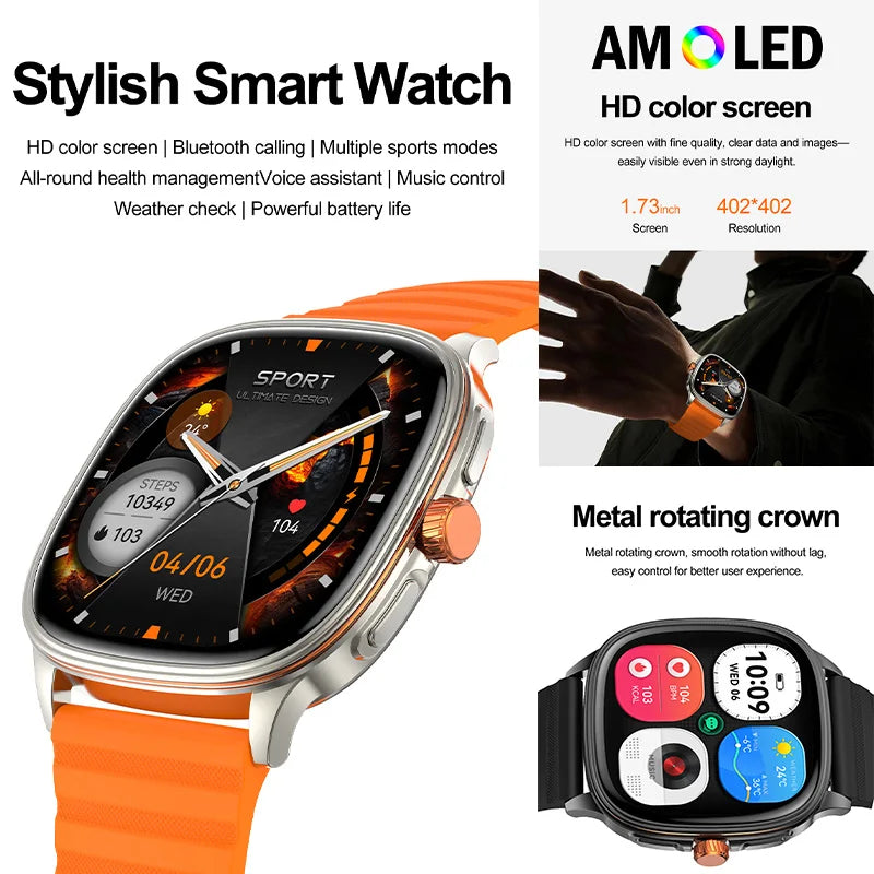 Smartwatch 2026 — Ecrã HD 1.73'', Voz AI, Música, Meteorologia, Modos Desportivos e IP68