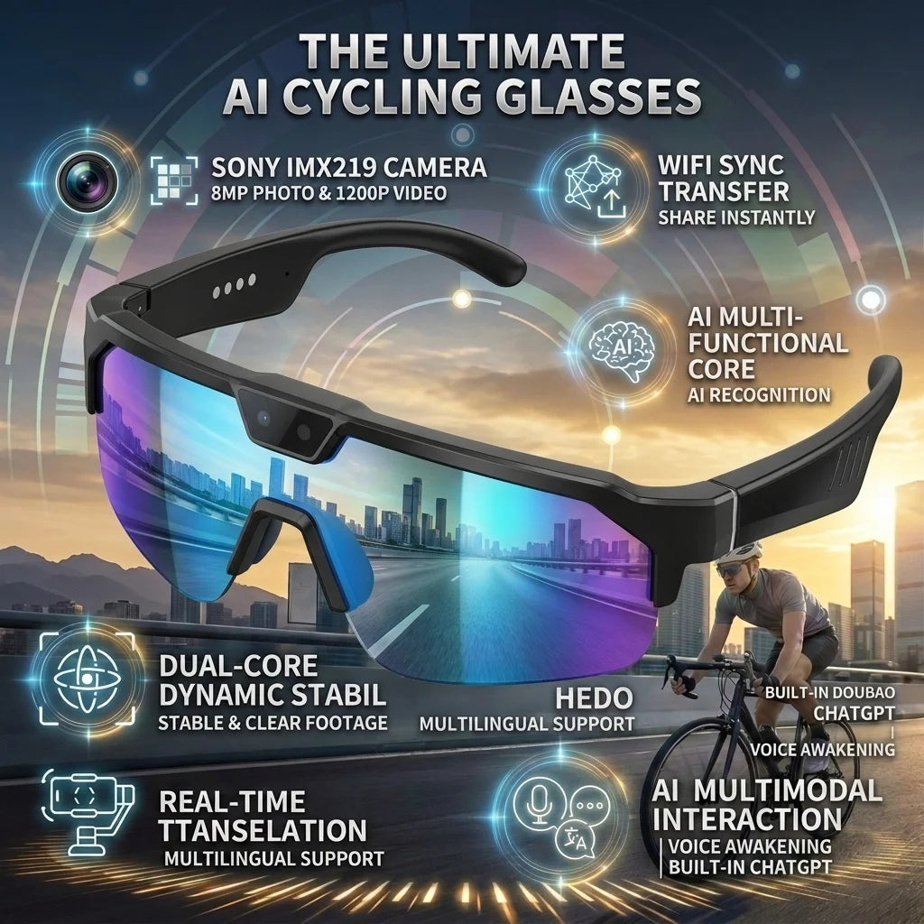 Óculos Inteligentes IA com Câmara 4K HD — 8MP, Anti-vibração, Tradução em Tempo Real e Desporto Outdoor