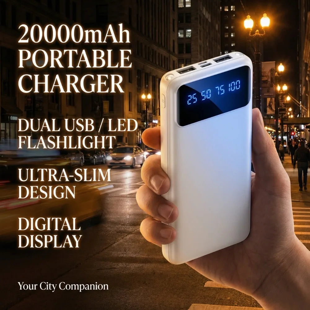 Power Bank 20000mAh com Display LED, Lanterna e Dual USB
