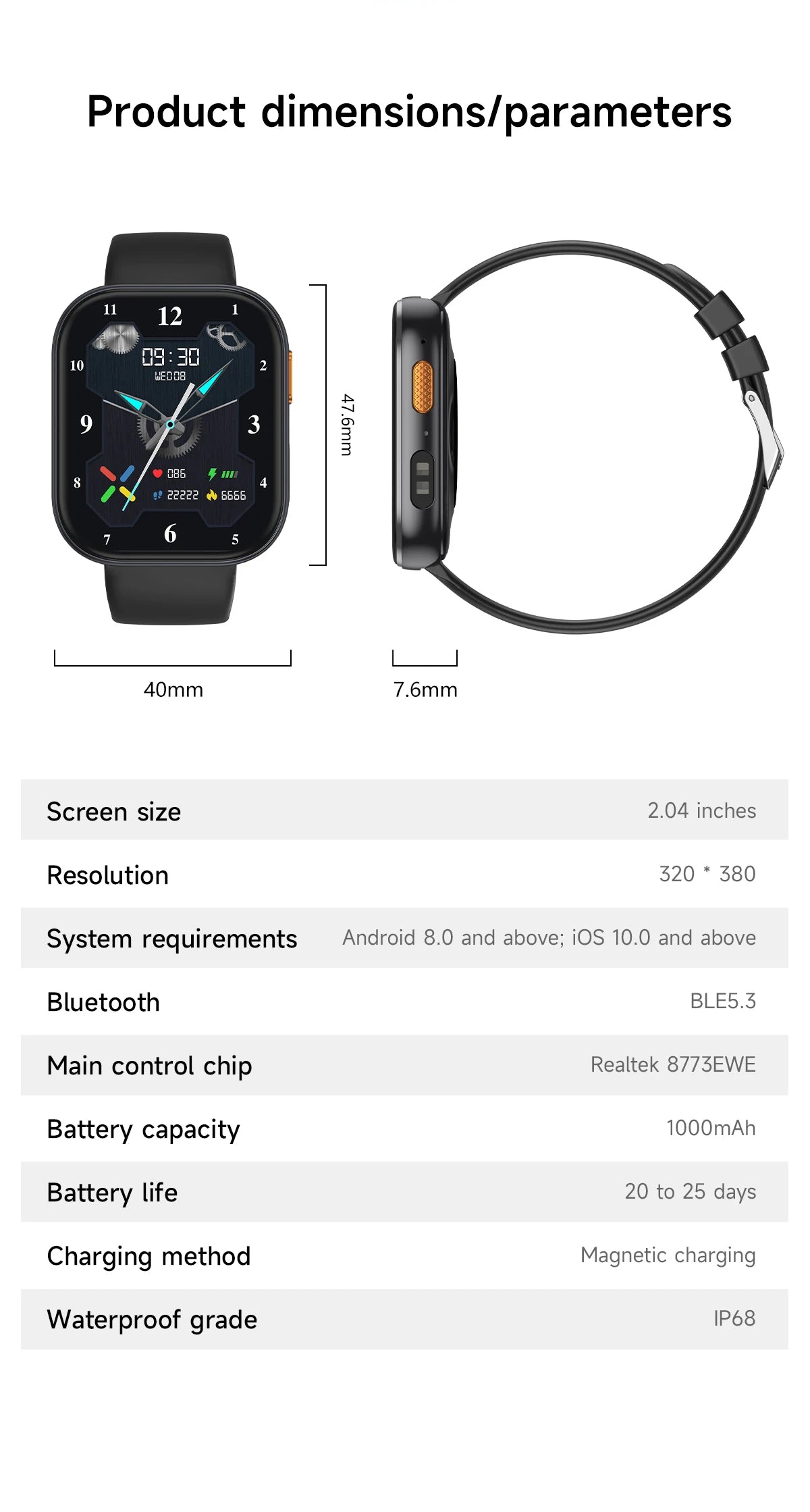 Smartwatch 2026 AMOLED 2.04'' — 1000mAh, 100+ Modos Desportivos, Chamadas Bluetooth e 3ATM