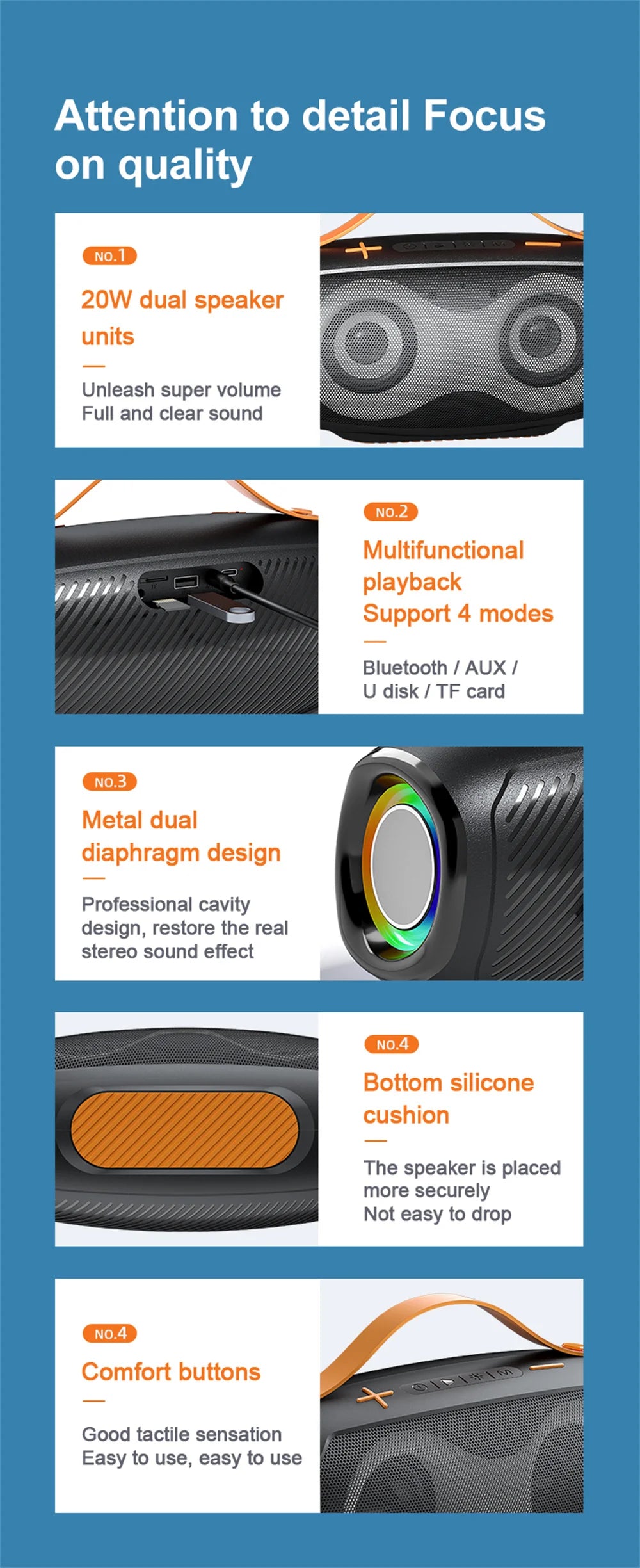 Coluna Bluetooth 20W À Prova de Água — Subwoofer, Iluminação RGB e Bateria 1000mAh