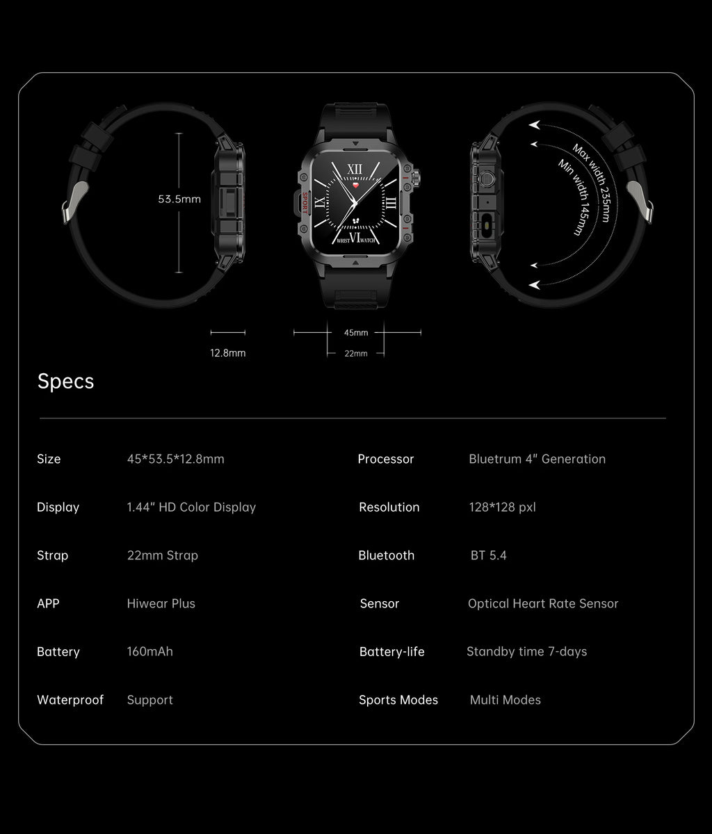 Smartwatch Bluetooth 1.44'' com Monitor de Saúde, Oxigénio e Pressão