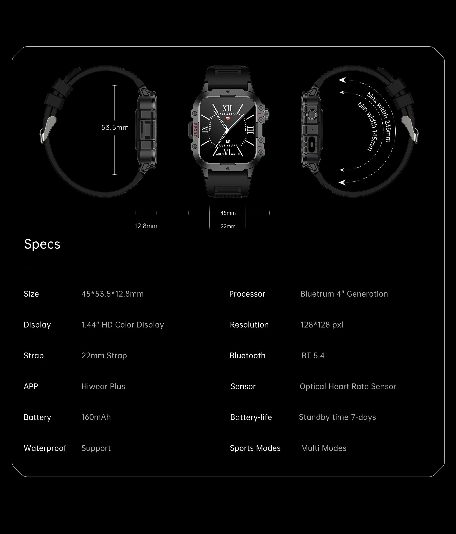 Smartwatch Bluetooth 1.44'' com Monitor de Saúde, Oxigénio e Pressão