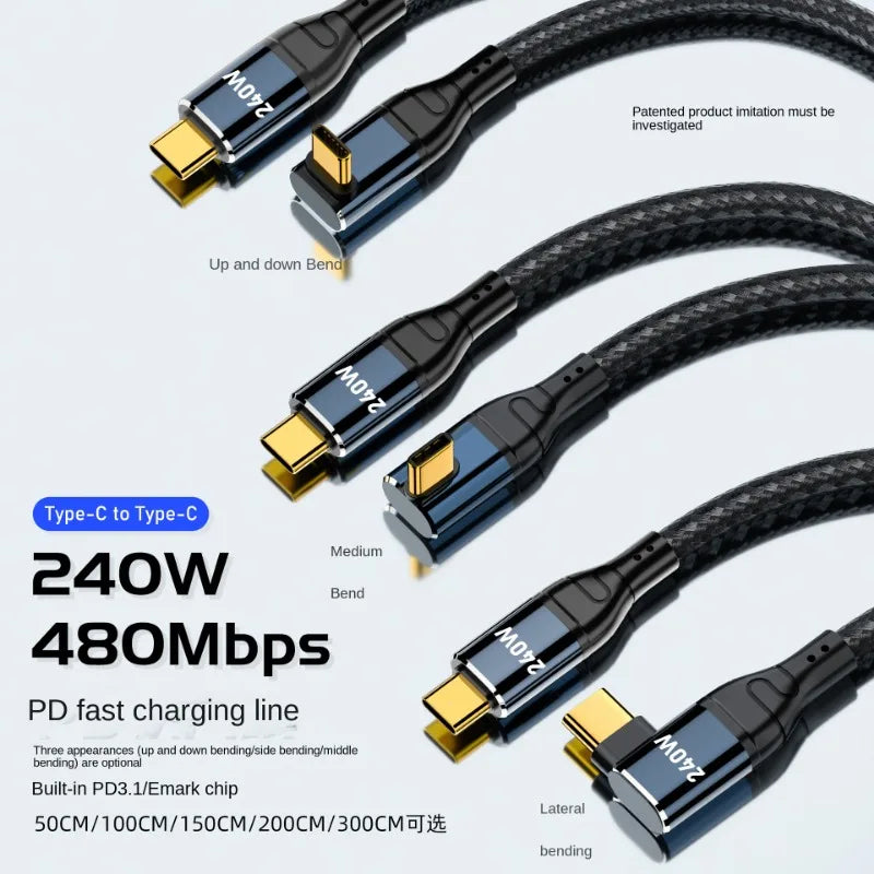 Cabo USB-C 240W em Ângulo 90° — 48V/5A Compatível com USB 2.0 (3m/10FT)