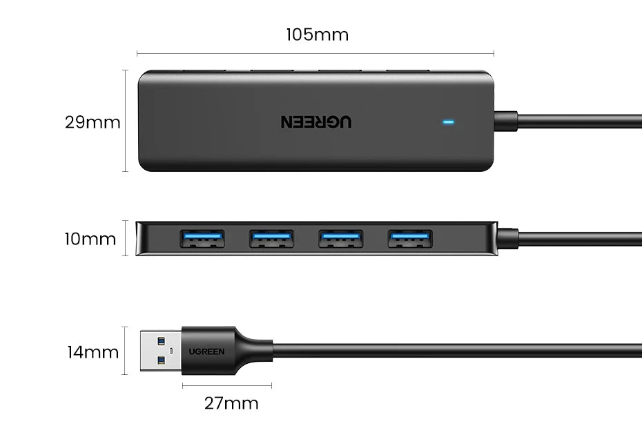 Hub USB 3.0 UGREEN 4 Portas Slim — Para MacBook, PC, Xbox e PS5