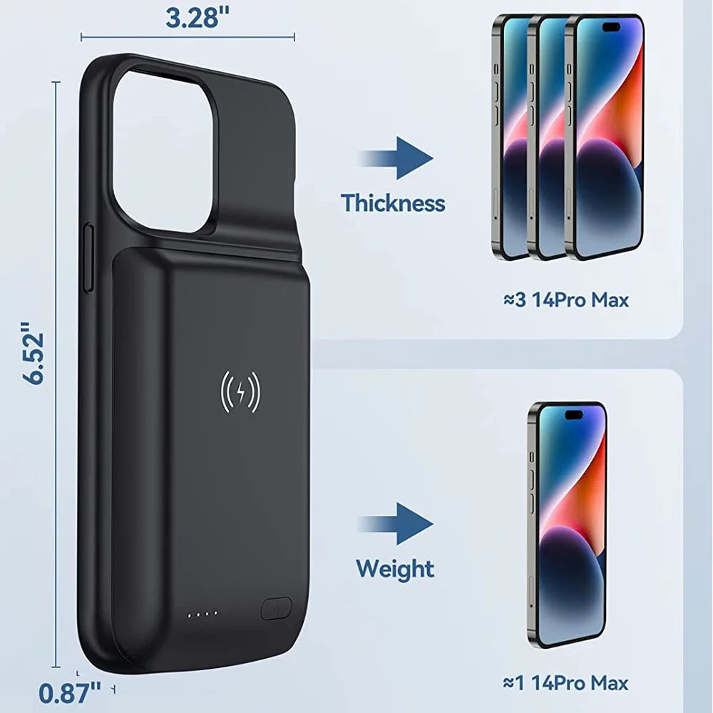 Capa Carregadora de Bateria para iPhone 15 14 13 12 Pro Max Capa Power Bank de Carregamento Sem Fios Capa de Bateria Estendida 10000mAh