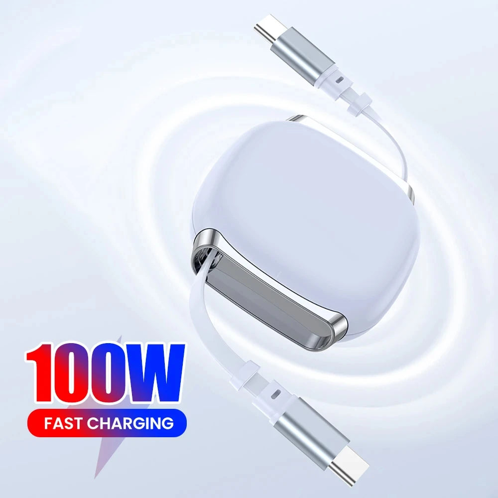 Cabo USB-C Retrátil 100W para iPhone 17, 16 e MacBook — Compacto e Prático