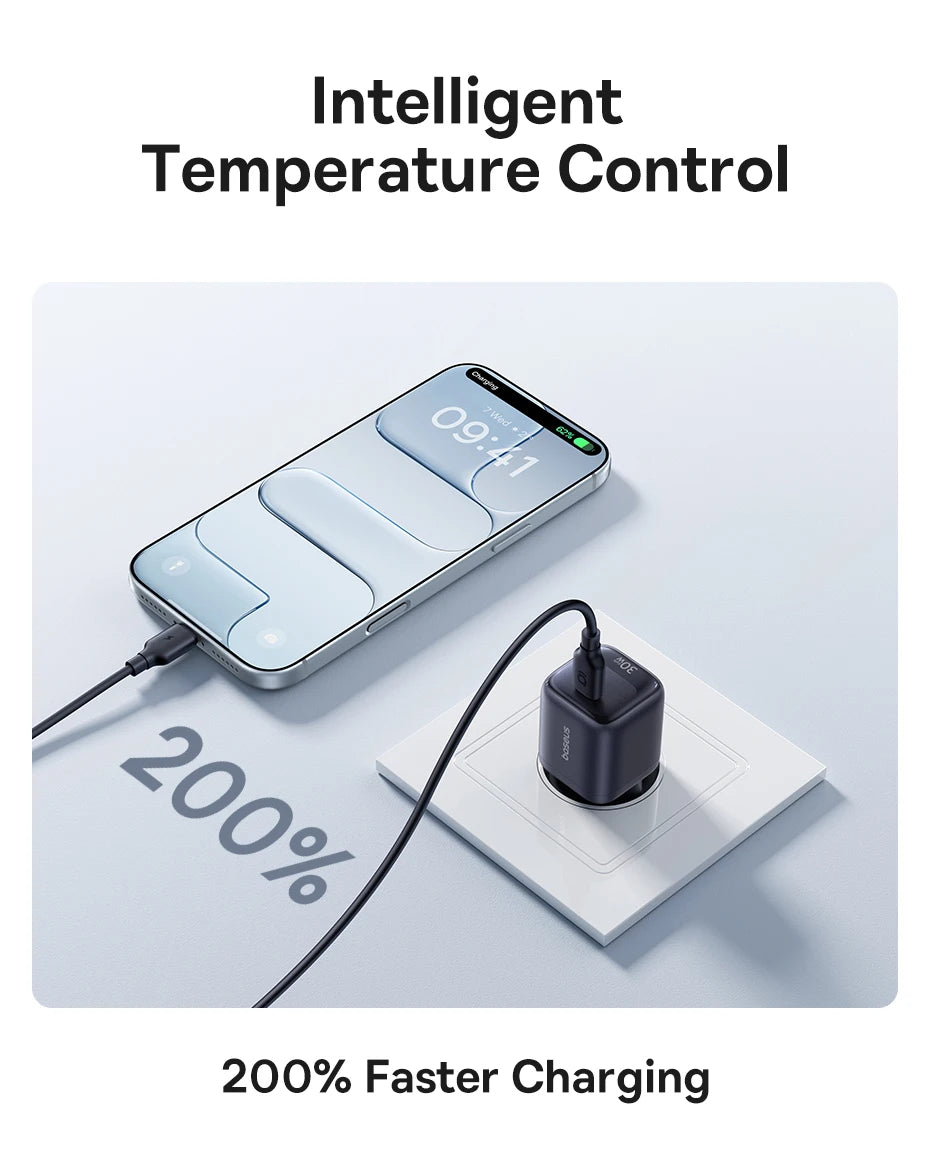 Carregador Baseus GaN 30W PD para iPhone 12-17 e Tablets
