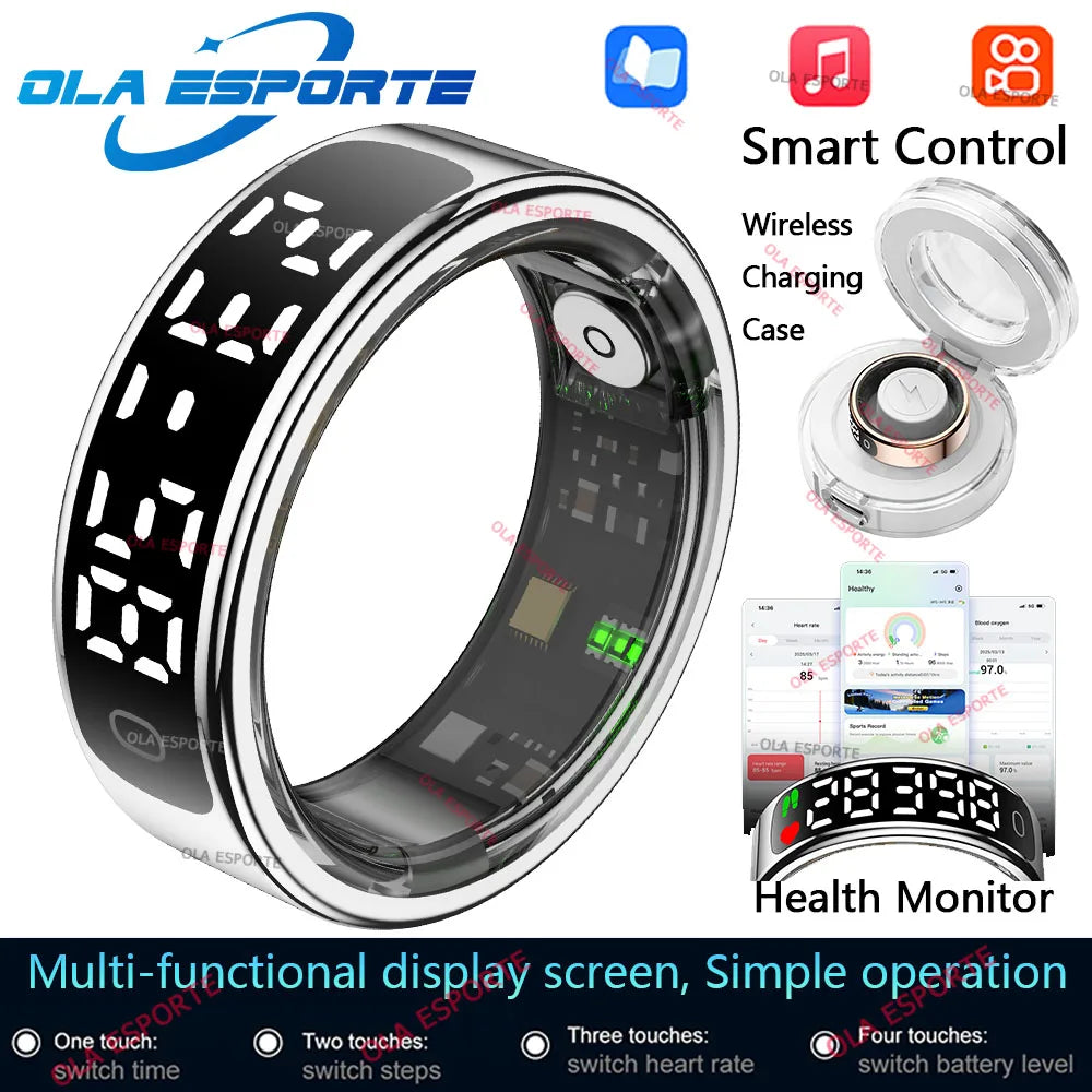 Smart Ring 2025 com Ecrã Touch — Carregamento Sem Fios, Gestor de Saúde e 5ATM para Homem e Mulher