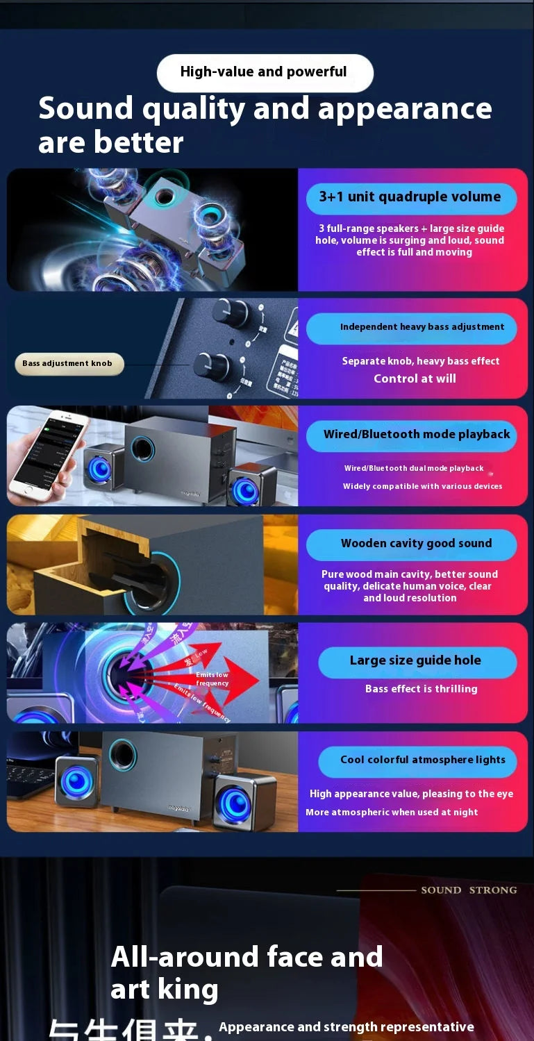 Coluna Bluetooth para Computador em Madeira — Subwoofer 3D Surround, Alto Volume e Gaming