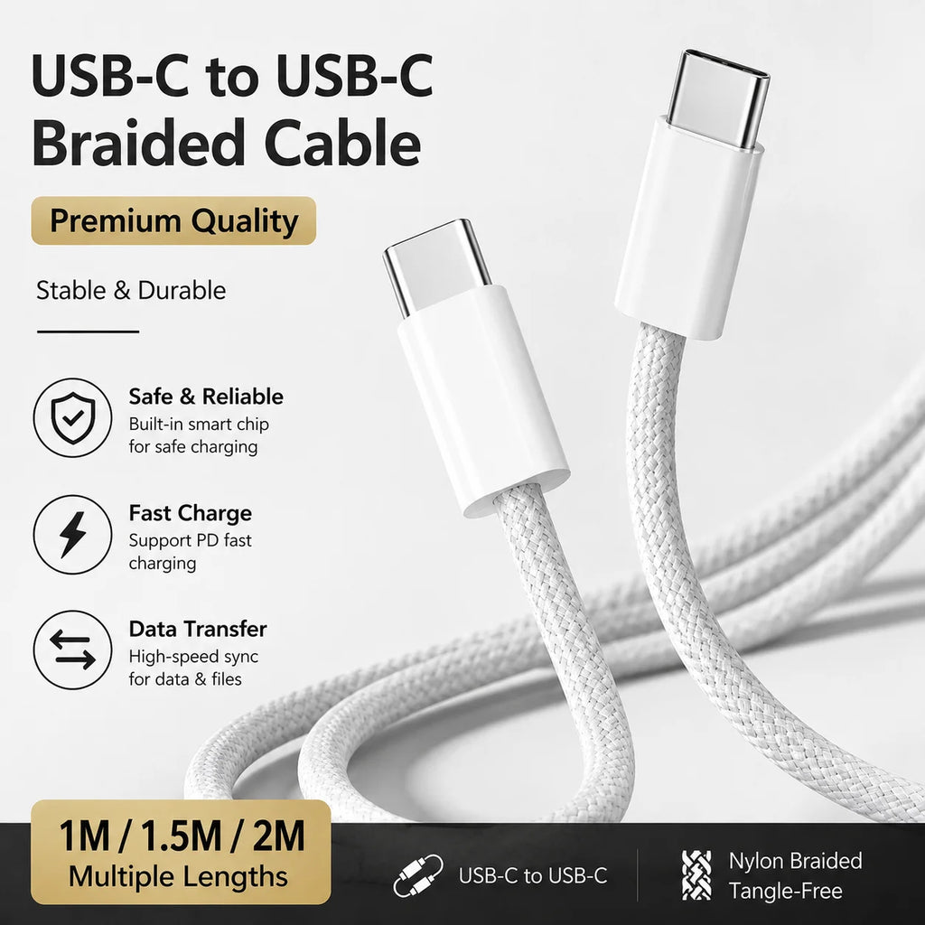 Cabo USB-C para USB-C 100W PD para iPhone 15, 16 e 17 — Nylon Trançado 1m/1.5m/2m