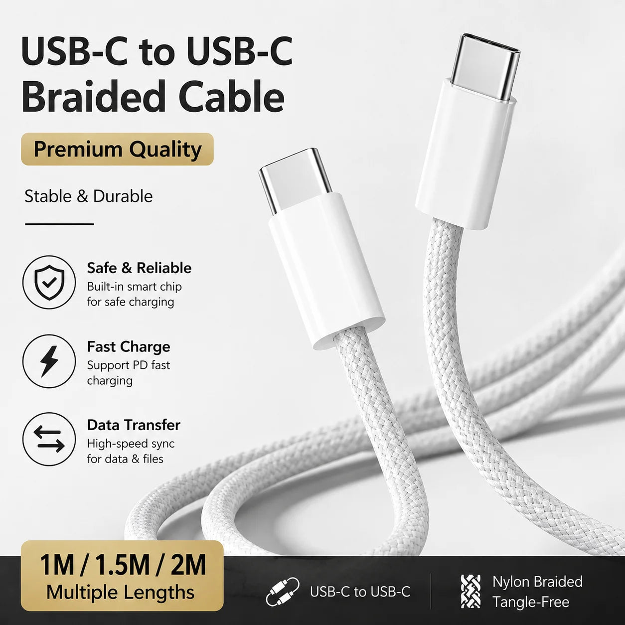 Cabo USB-C para USB-C 100W PD para iPhone 15, 16 e 17 — Nylon Trançado 1m/1.5m/2m