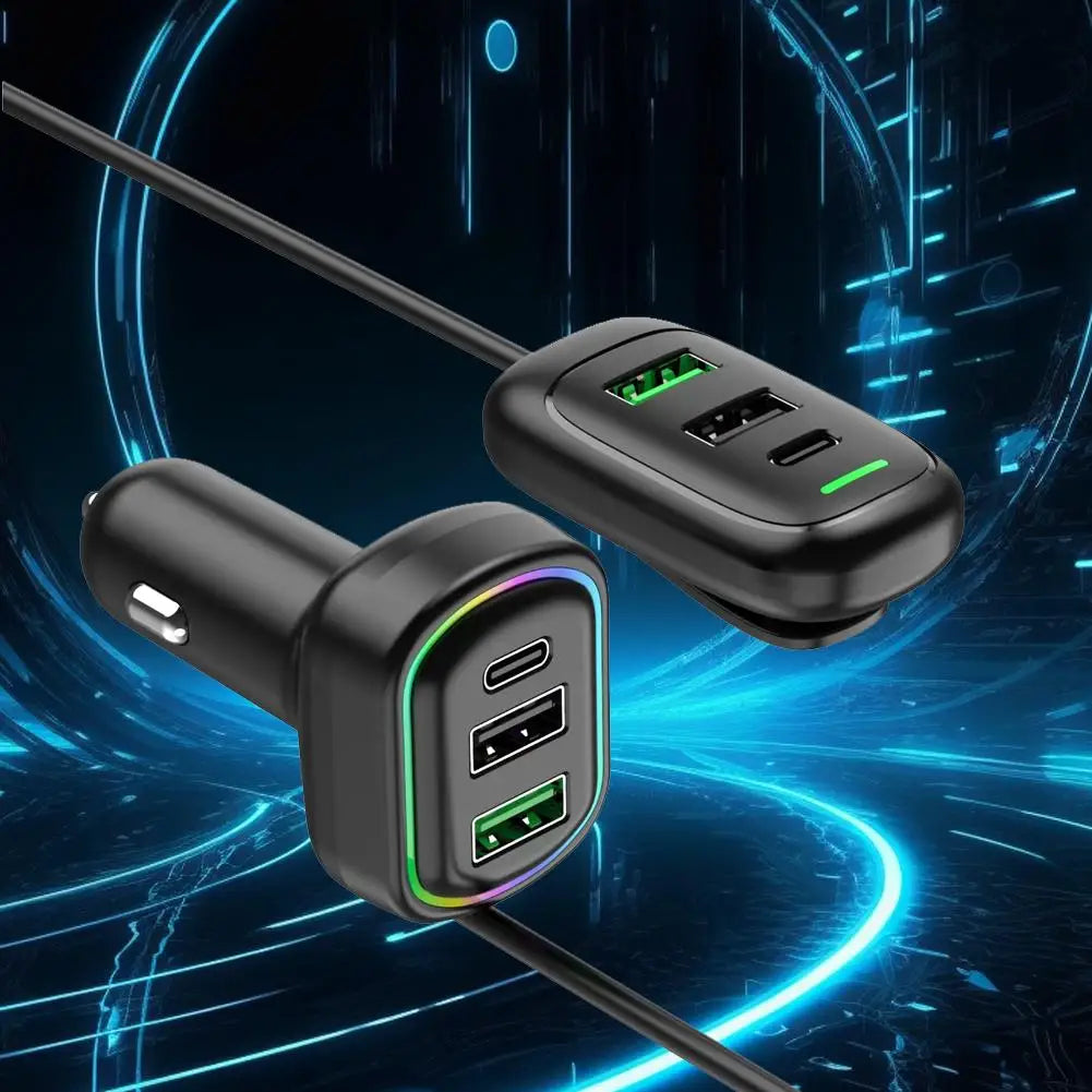 Carregador de Carro Multiportas PD com Cabo — Carregamento Super Rápido