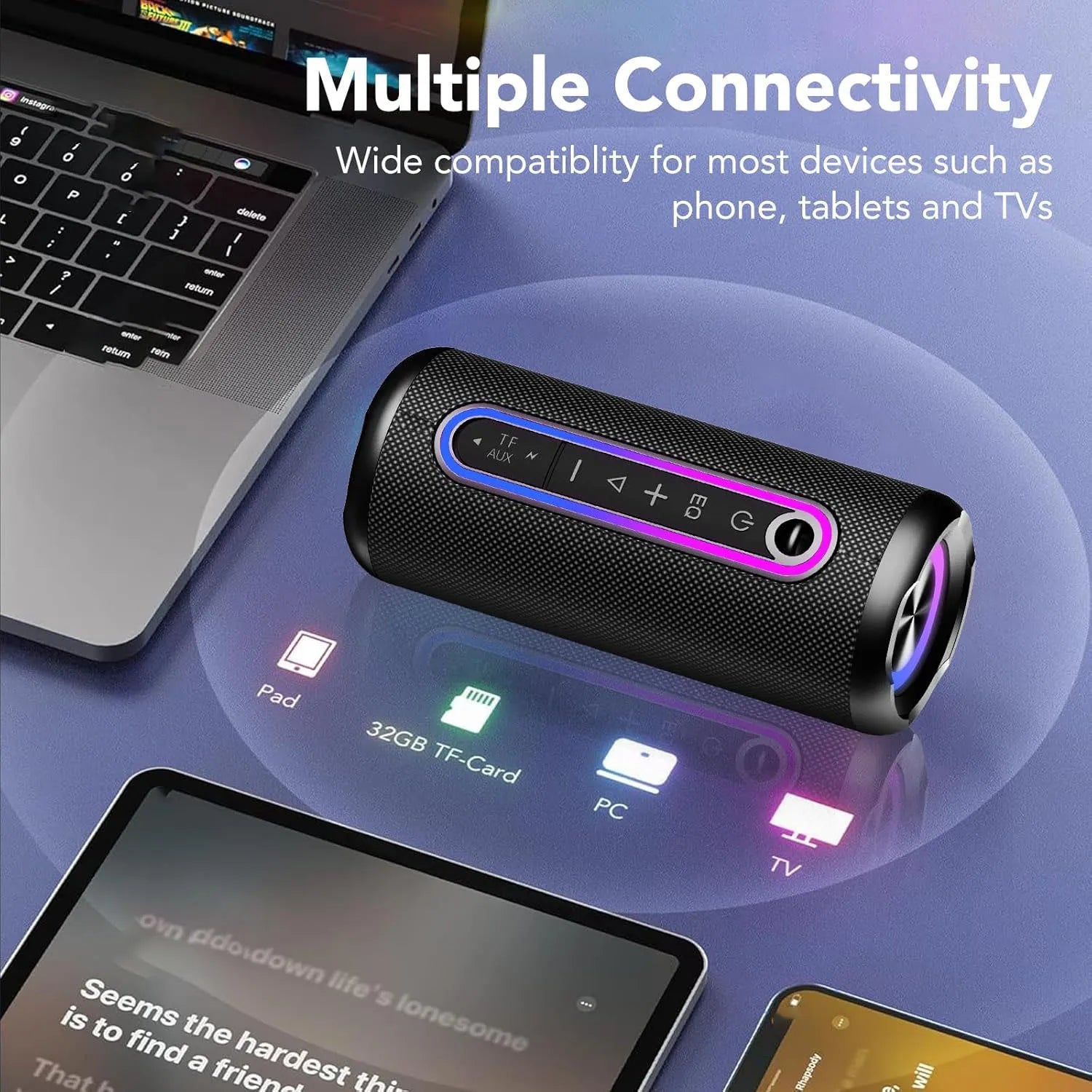 Coluna Bluetooth Portátil 30W — Som Estéreo, IPX7 À Prova de Água, RGB e Modos EQ