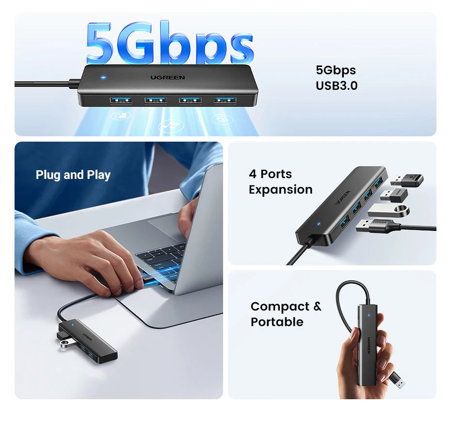 Hub USB 3.0 UGREEN 4 Portas Slim — Para MacBook, PC, Xbox e PS5