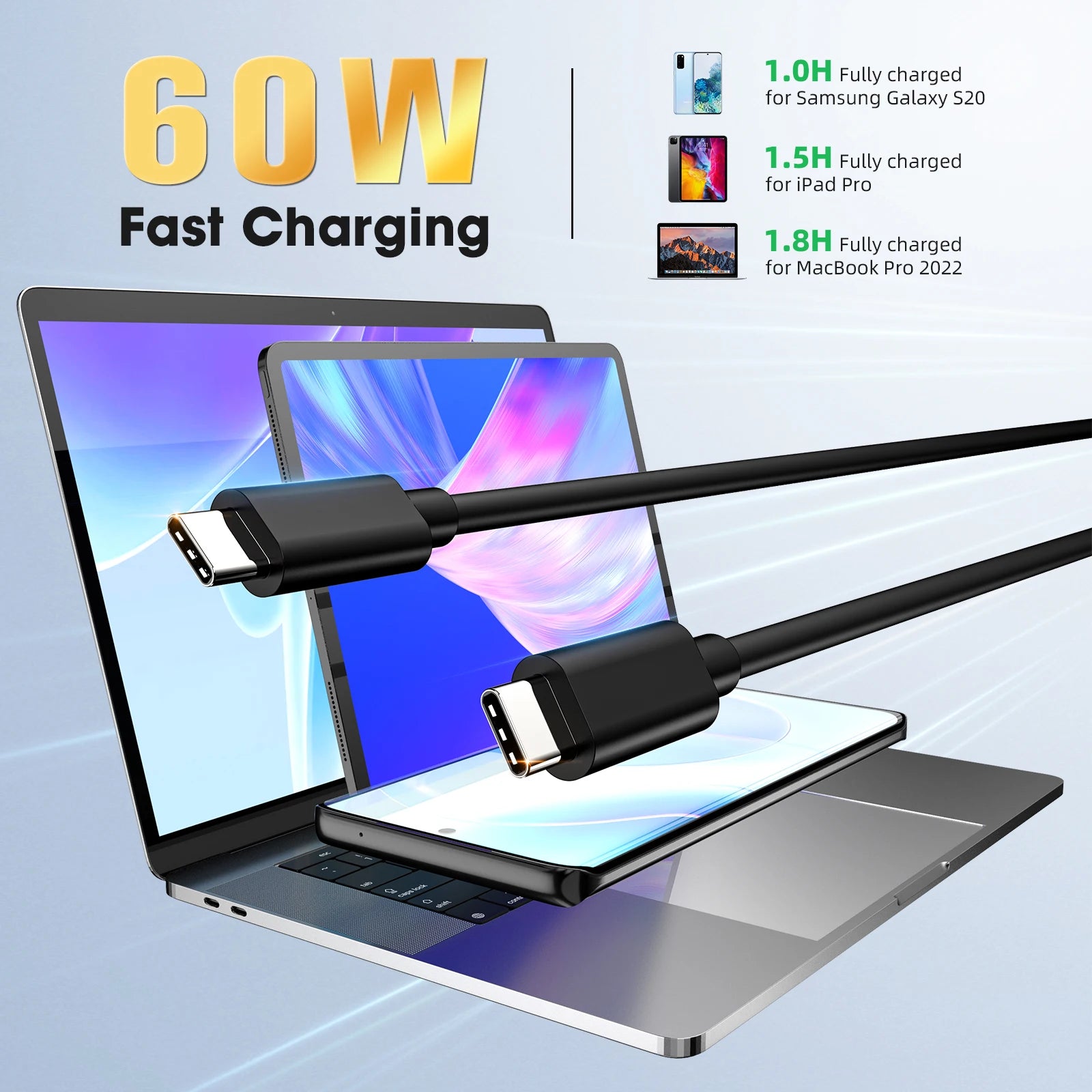 Cabo USB-C para USB-C 60W 10Gbps — Para MacBook, iPad e Laptop