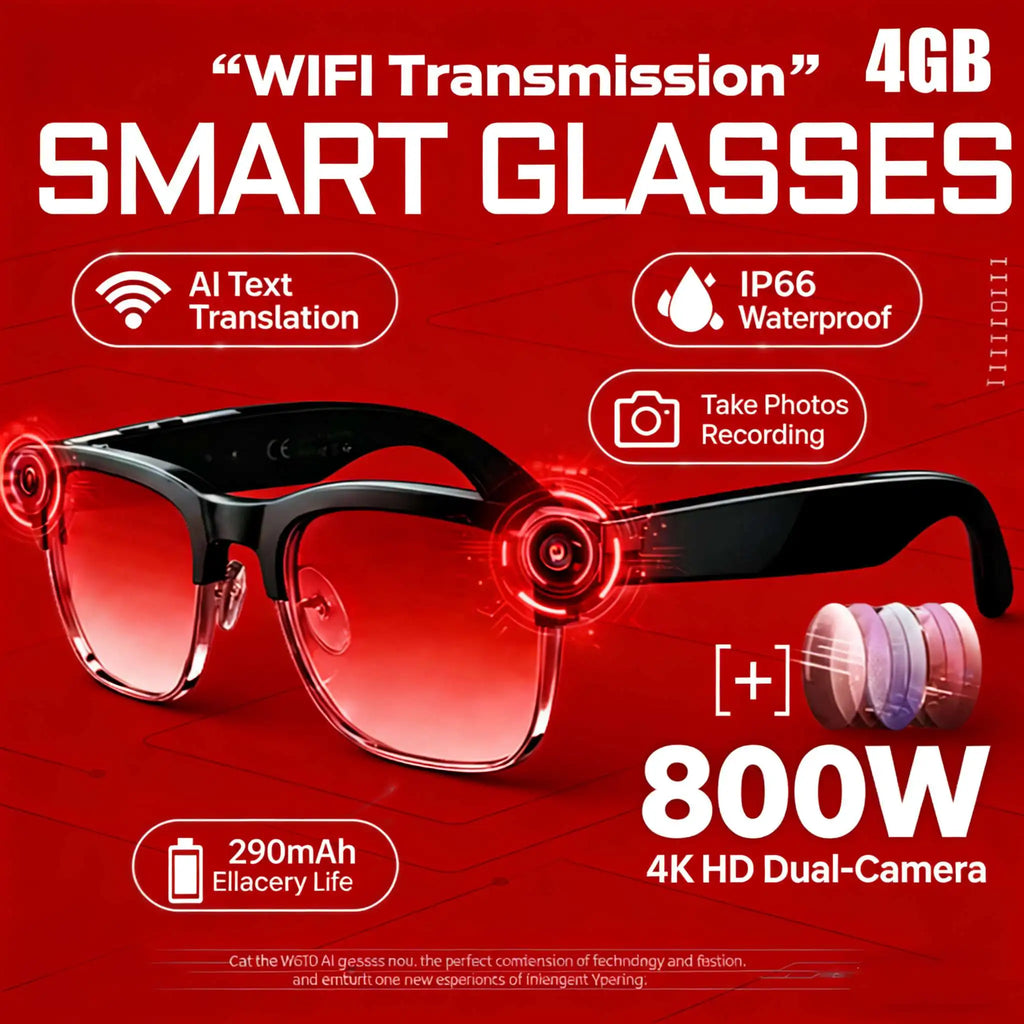 Óculos Inteligentes IA 4K — Câmara 8MP, Gravação de Vídeo, Reconhecimento, Tradução, Bluetooth e Óculos Fotocromáticos À Prova de Água