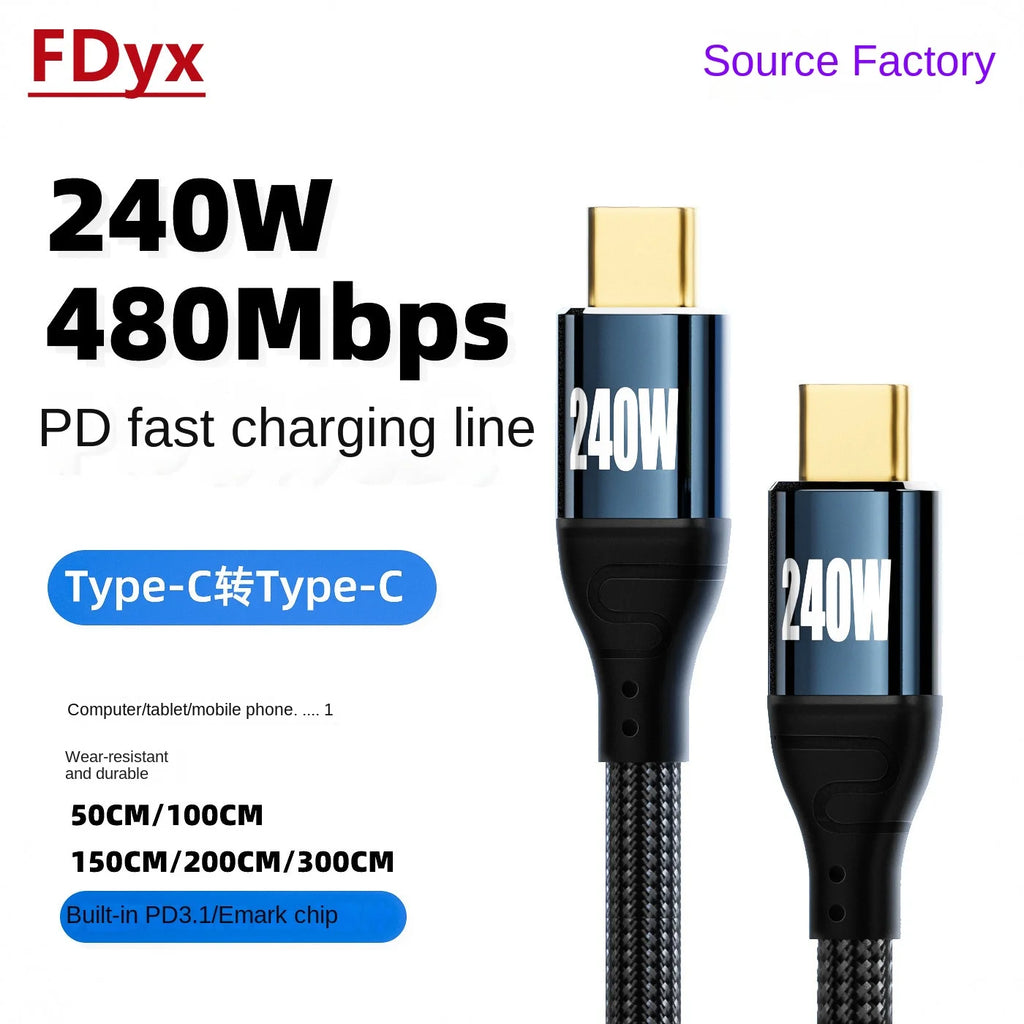 Cabo USB-C 240W em Ângulo 90° — 48V/5A Compatível com USB 2.0 (3m/10FT)