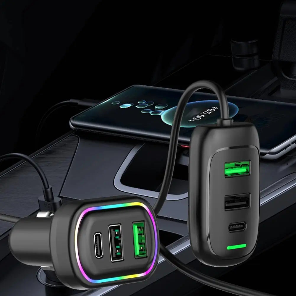 Carregador de Carro Multiportas PD com Cabo — Carregamento Super Rápido