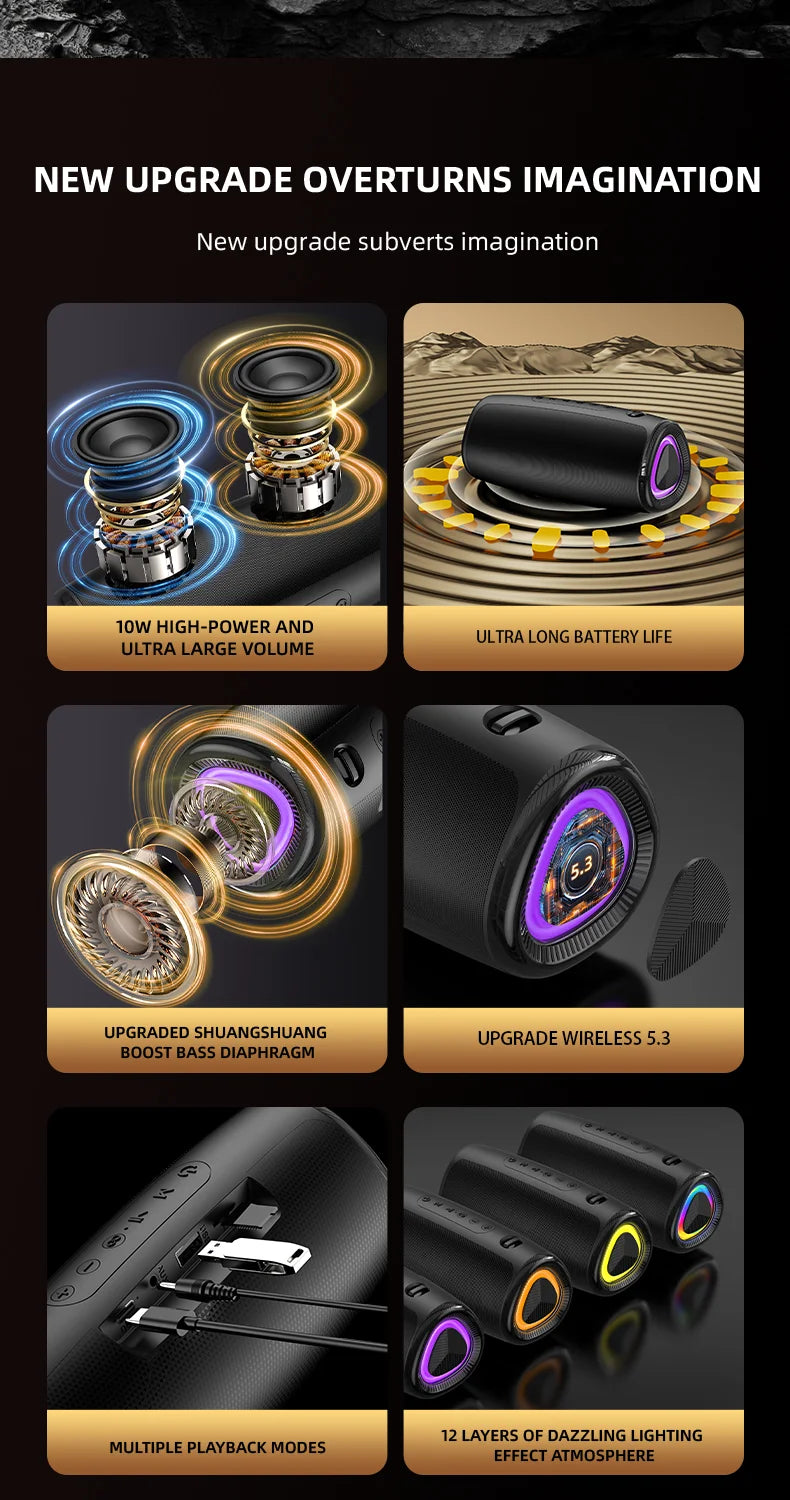 Coluna Bluetooth 5.3 com LED RGB, Subwoofer e FM/SD/USB