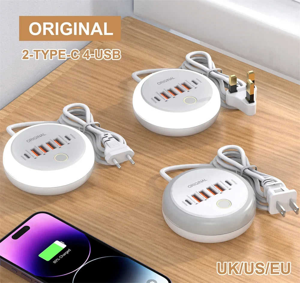 Régua de Tomadas 50W com 4 USB-A + 2 USB-C e Luz Noturna