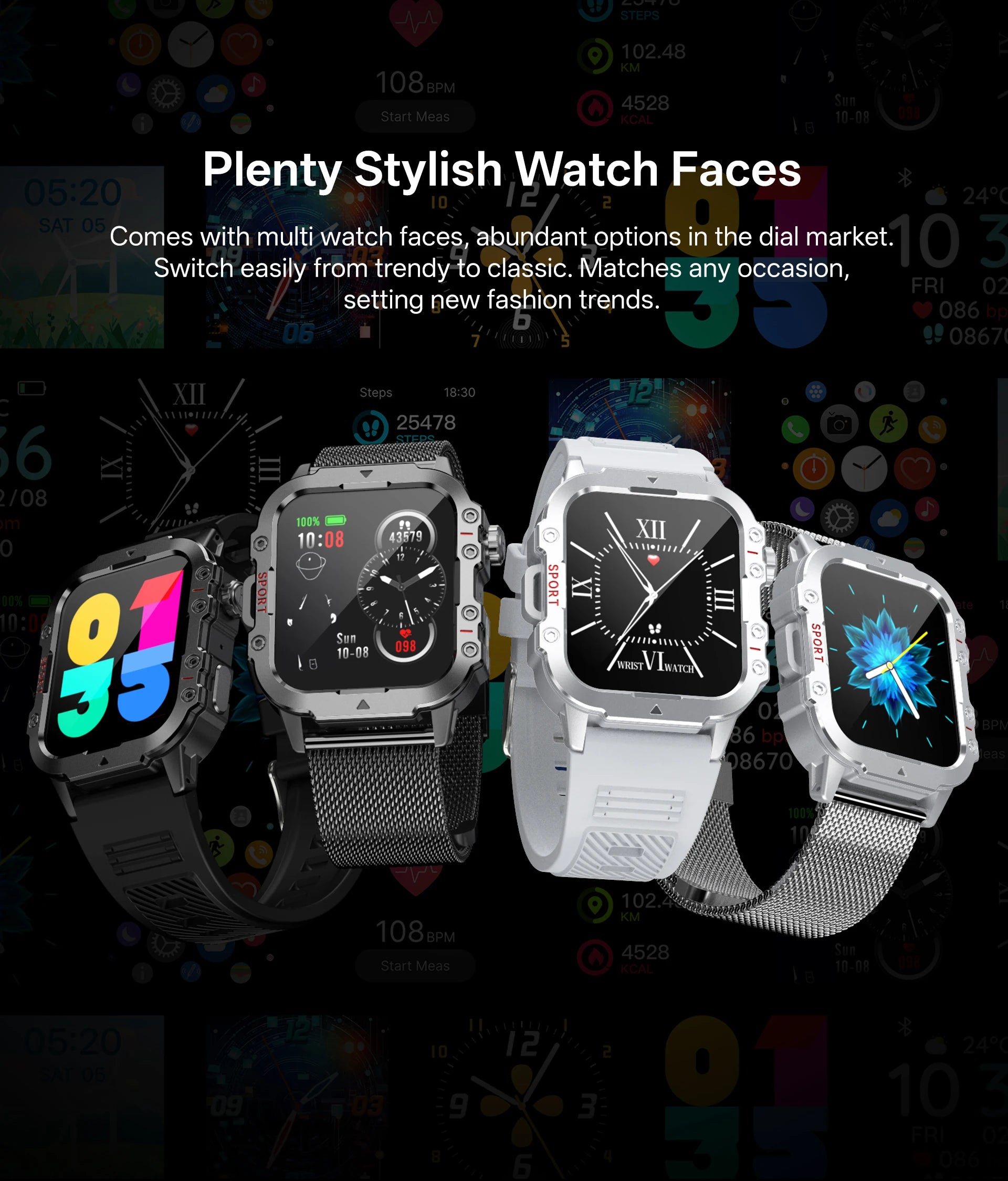 Smartwatch Bluetooth 1.44'' com Monitor de Saúde, Oxigénio e Pressão