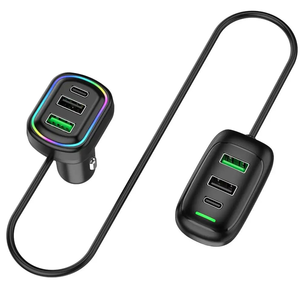 Carregador de Carro Multiportas PD com Cabo — Carregamento Super Rápido