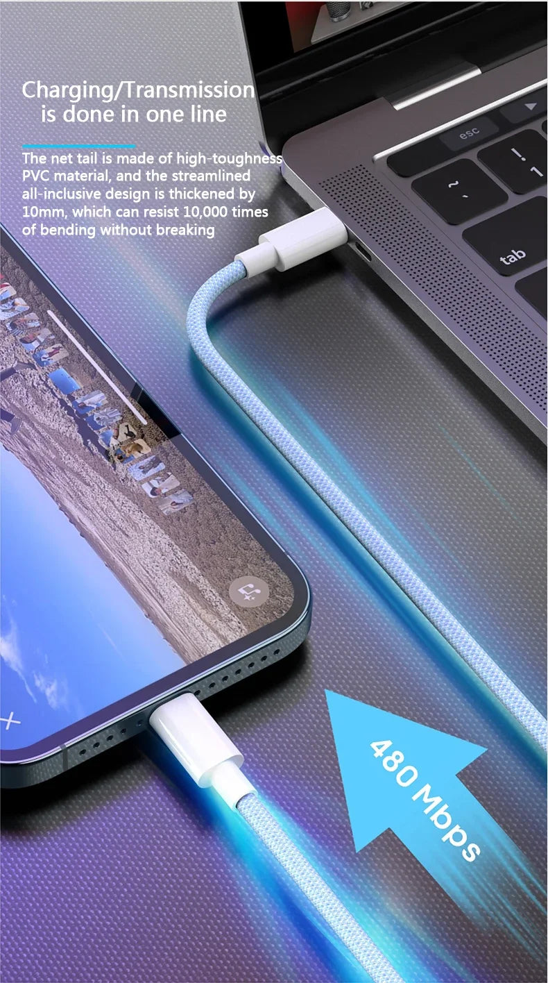 Cabo USB-C para iPhone 14, 13, 12 e 11 PD 20W — Carregamento Rápido 1m/2m