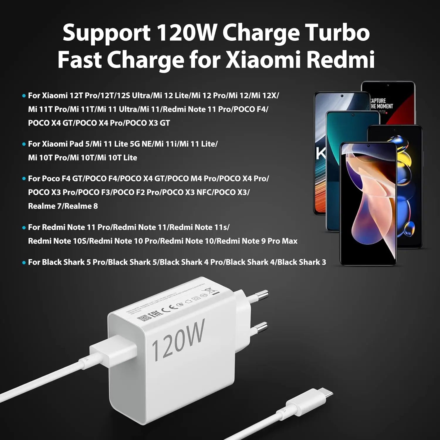 Carregador 120W Turbo para Xiaomi, Redmi e Poco com Cabo 6A