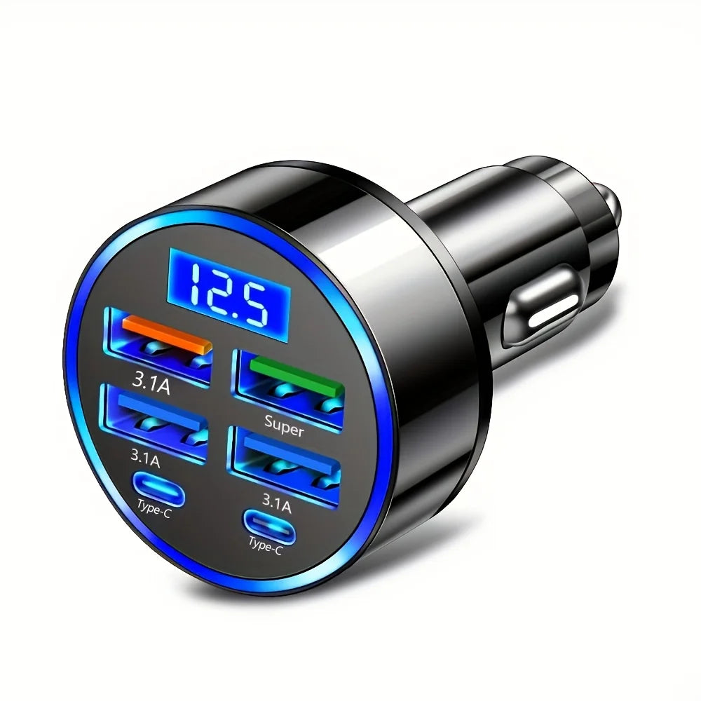 Adaptador de Carro 6 em 1 com Display Digital e Carregamento Rápido 3.1A