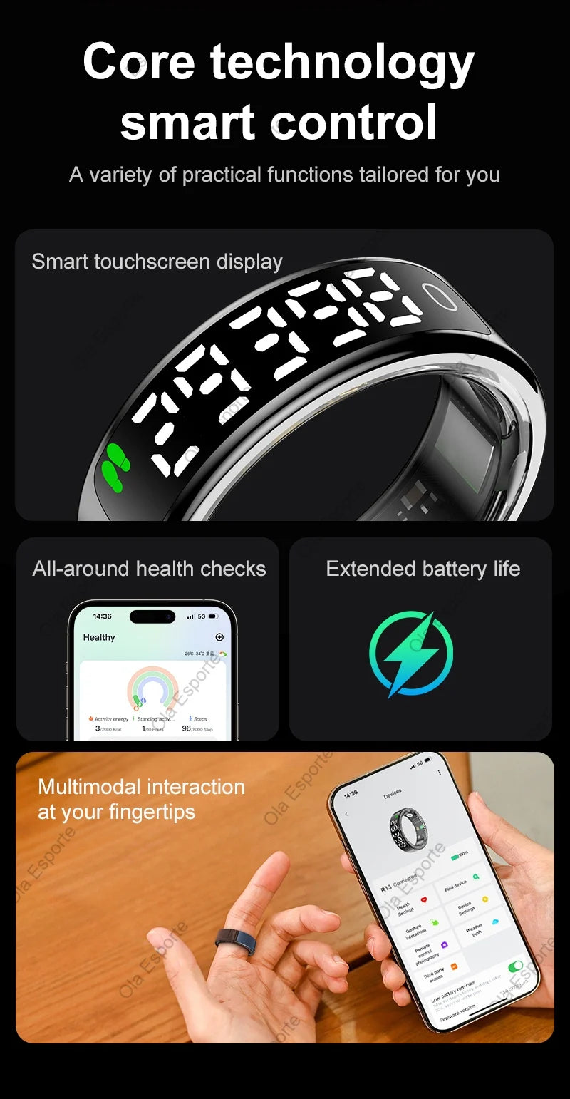 Smart Ring 2025 com Ecrã Touch — Carregamento Sem Fios, Gestor de Saúde e 5ATM para Homem e Mulher