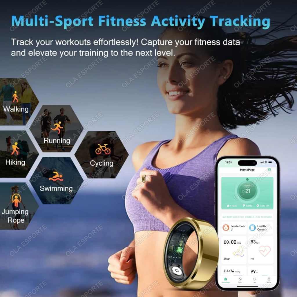 Smart Ring 2025 — Pressão Arterial, Frequência Cardíaca, Sono, IP68 e 5ATM para Homem e Mulher