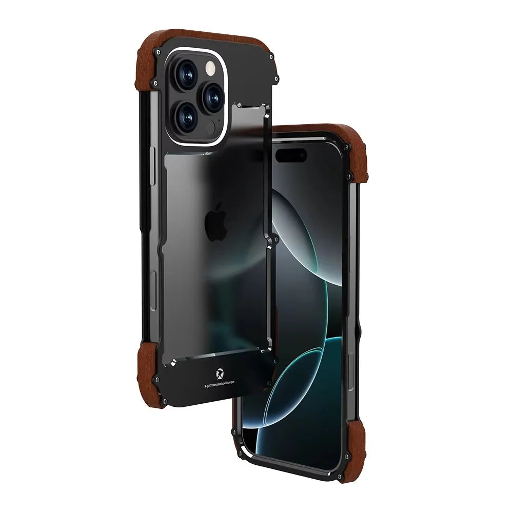 Capa Bumper Metal e Madeira para iPhone 16 15 14 13 12
